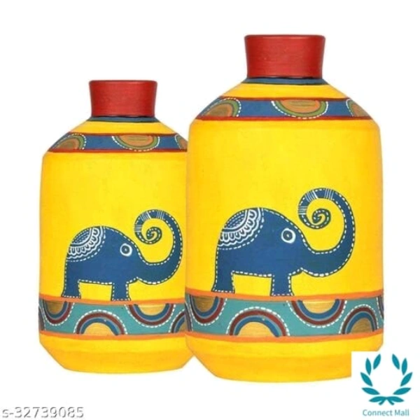 Happy Elephants Madhubani Yellow Vases(Set of 2) (8x4.6/10x5.4) - Yellow, Handicraft